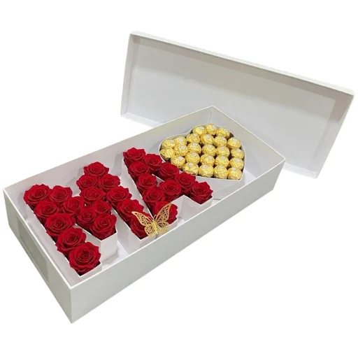 Caja dia de la madre con rosas y bombones ma white